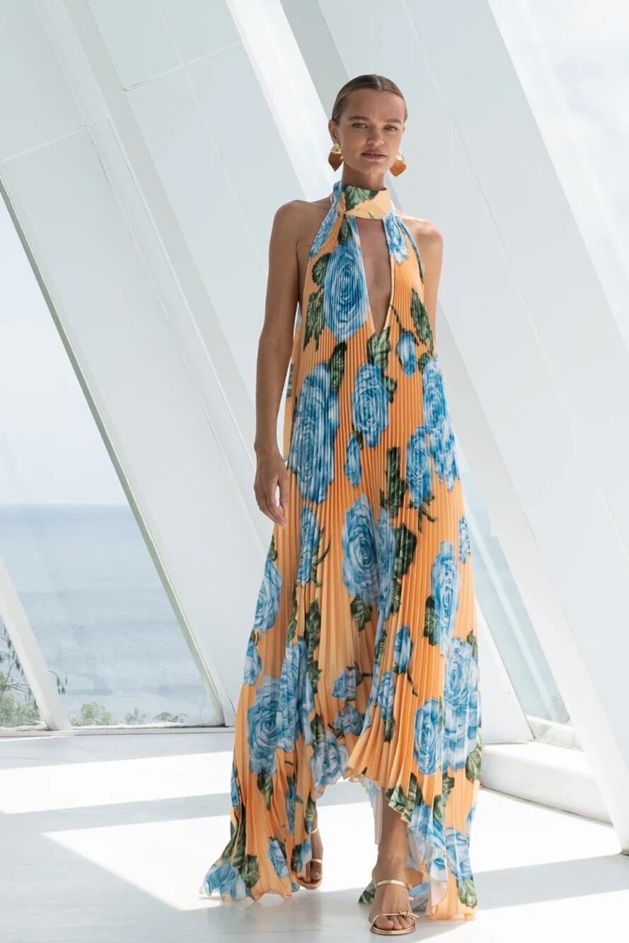 L'IDEE Orange Blue Floral Boheme Plunge Neckline Pleated Tie Closure Gown sz 4